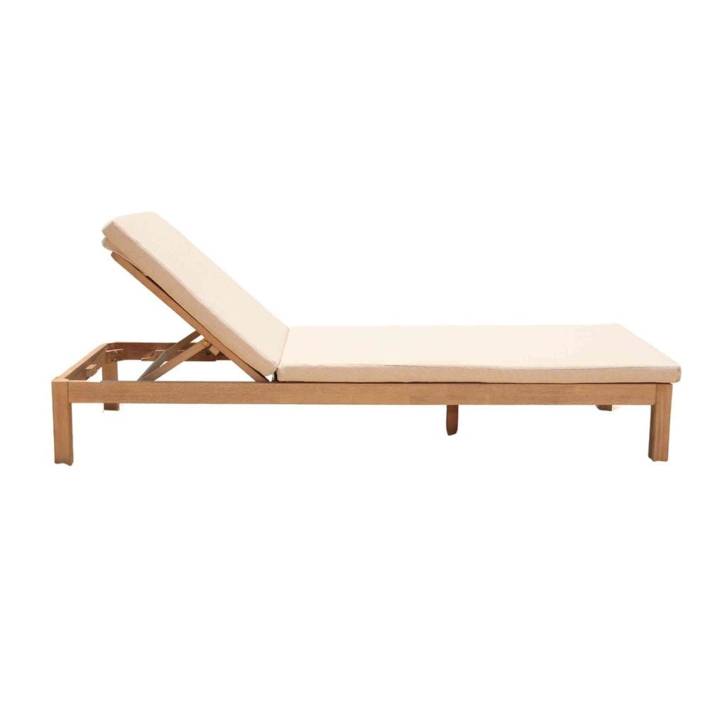 Beige sun lounger with wooden frame on a white background