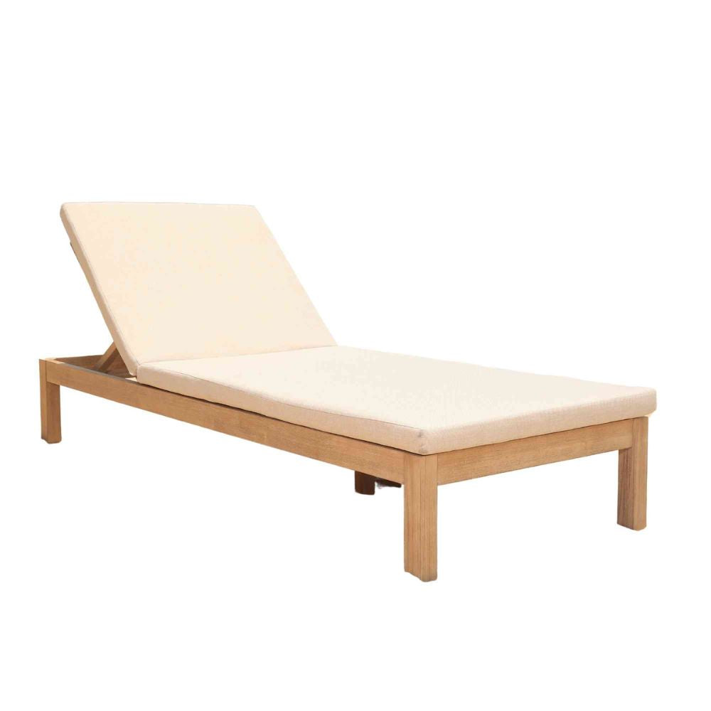 Beige outdoor lounge chair with cushion on a white background