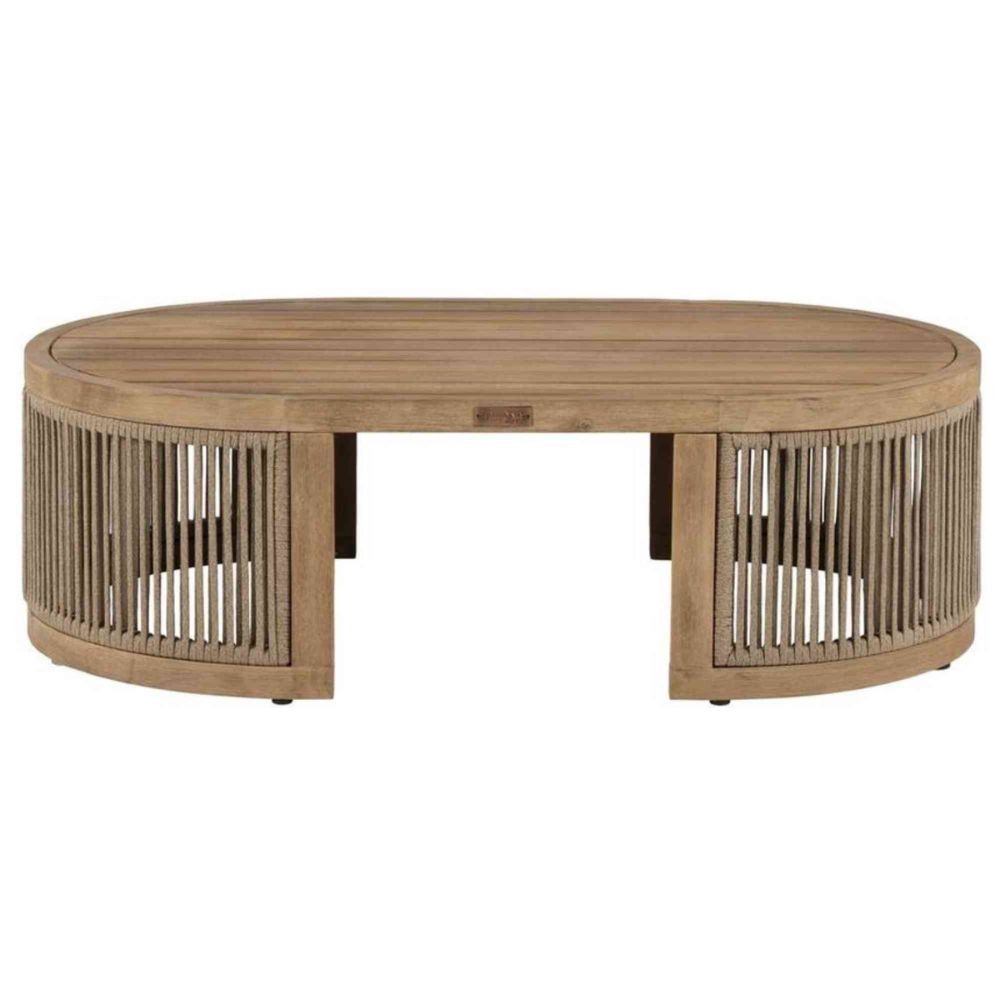 Round wooden coffee table with wicker side panels on a white background