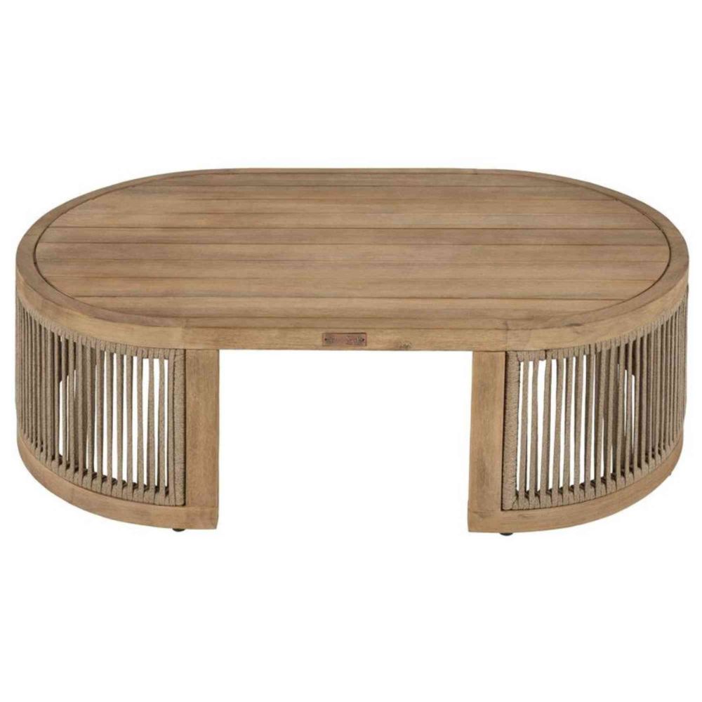 Round wooden coffee table with metal frame on a white background