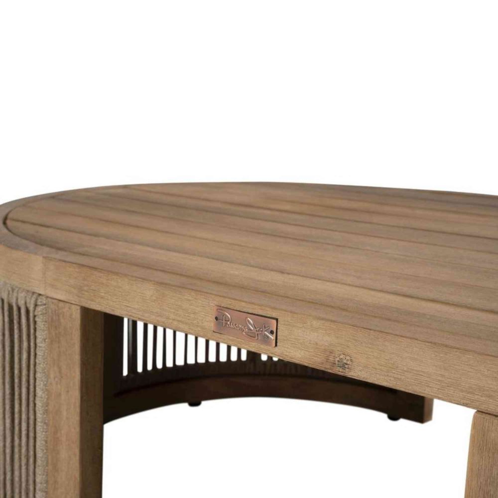 Wooden outdoor table with a visible brand logo on a white background