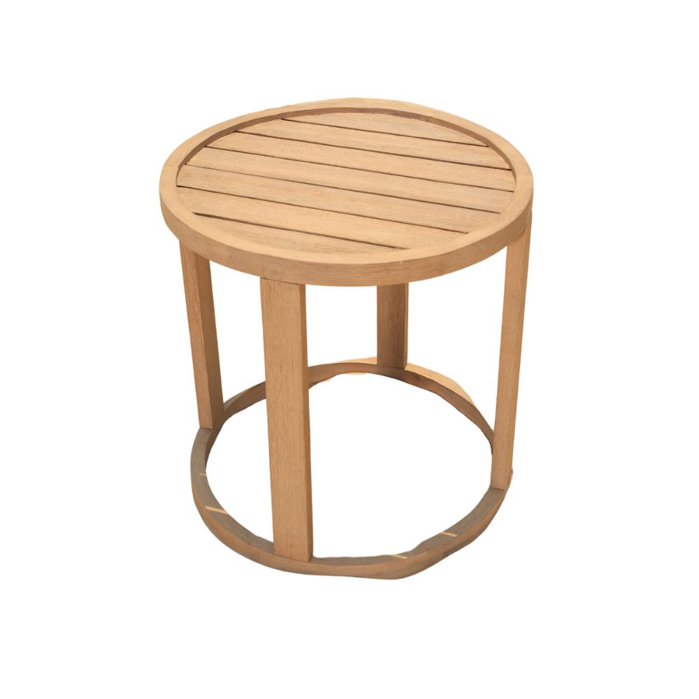 Round wooden side table on a white background