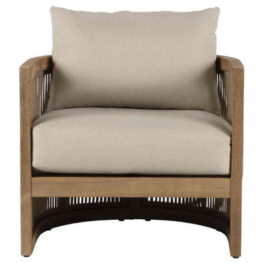 Beige armchair with wooden frame on a white background