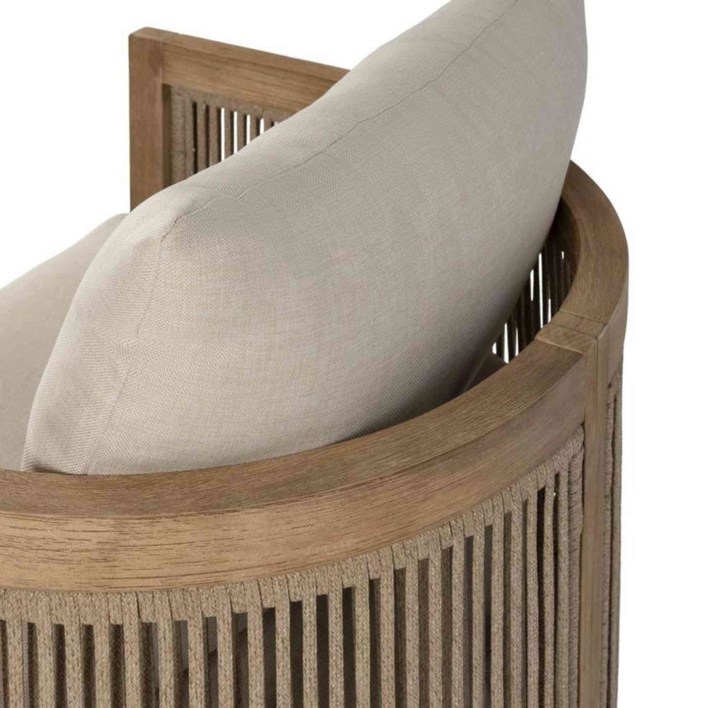 Wooden chair with beige cushion on a white background