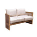 Wooden outdoor sofa with white cushions on a white background