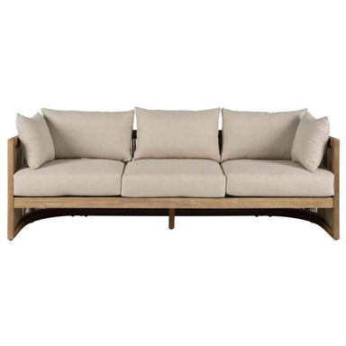 Beige outdoor sofa with wooden frame on a white background