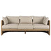 Beige outdoor sofa with wooden frame on a white background