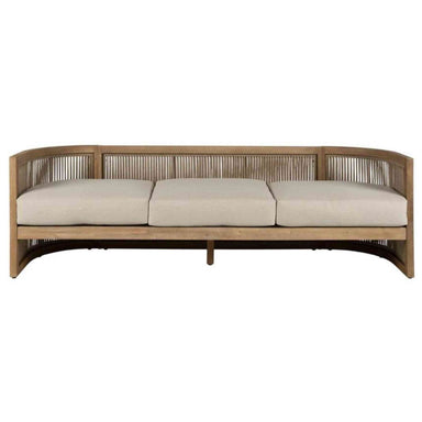 Three-seater sofa with wooden frame and white cushions on a white background