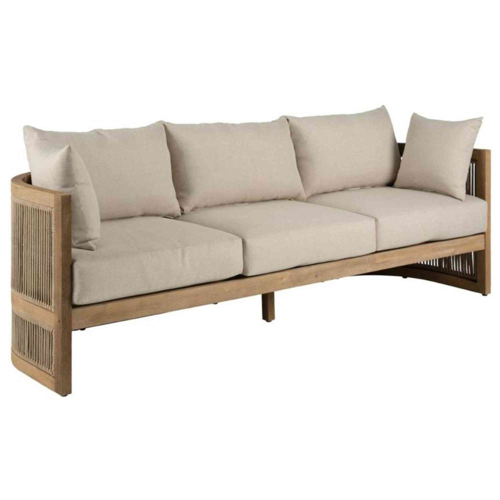 Beige outdoor sofa with wooden frame on a white background