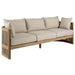 Beige outdoor sofa with wooden frame on a white background