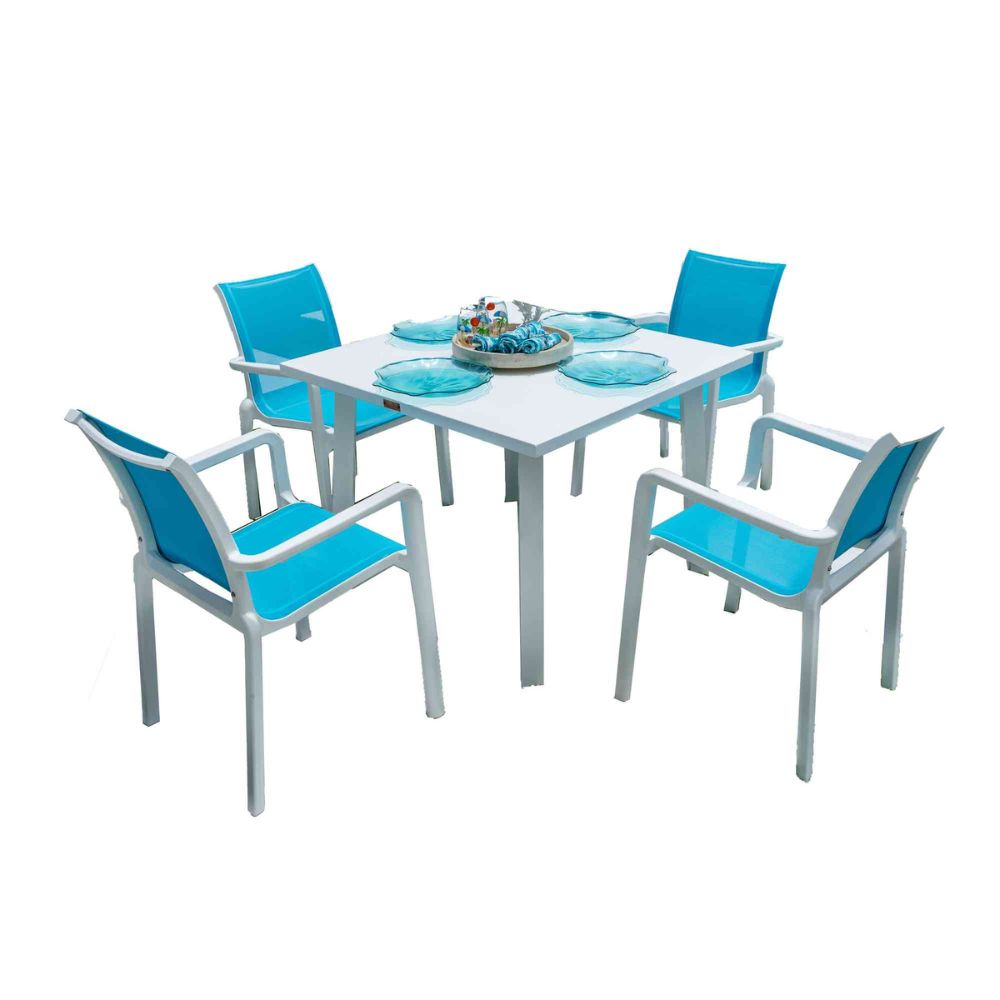 Outdoor dining set with a table and four blue chairs on a white background
