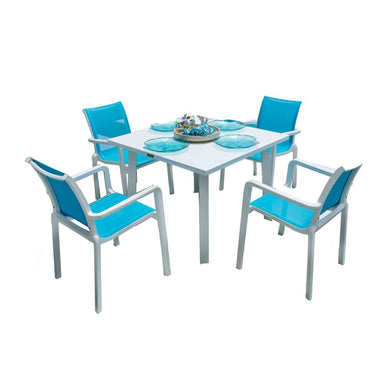 Outdoor dining set with a table and four blue chairs on a white background