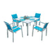 Outdoor dining set with a table and four blue chairs on a white background