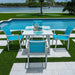 Outdoor dining set with blue chairs and a table by a poolside.