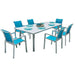 Outdoor dining set with a table and six blue chairs on a white background