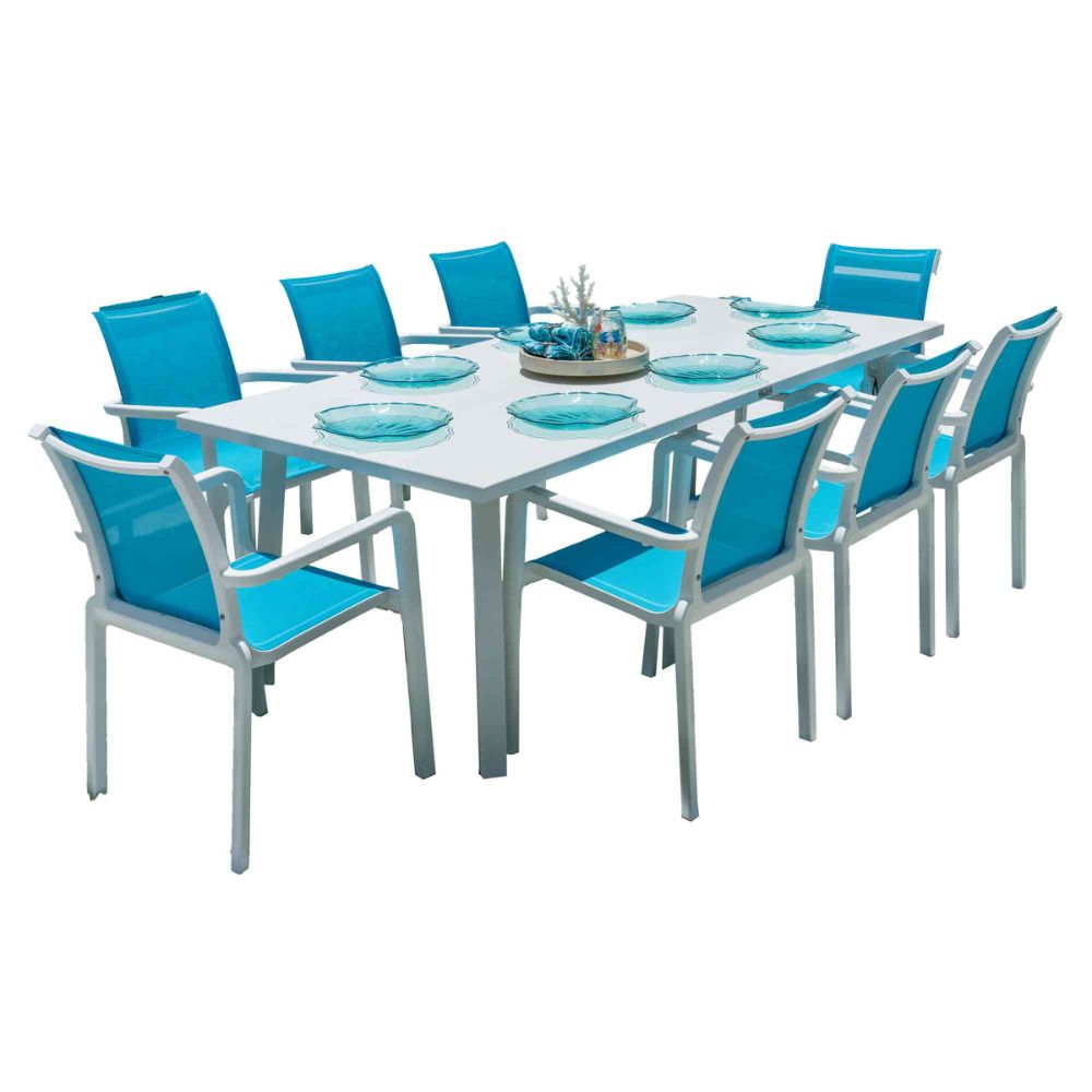 Outdoor dining set with a rectangular table and blue chairs on a white background