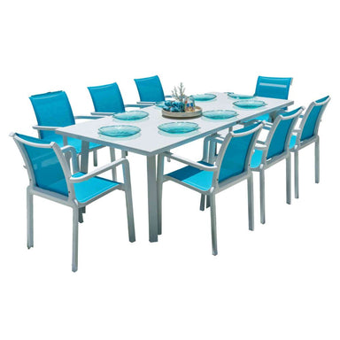 Outdoor dining set with a rectangular table and blue chairs on a white background