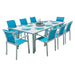 Outdoor dining set with a rectangular table and blue chairs on a white background