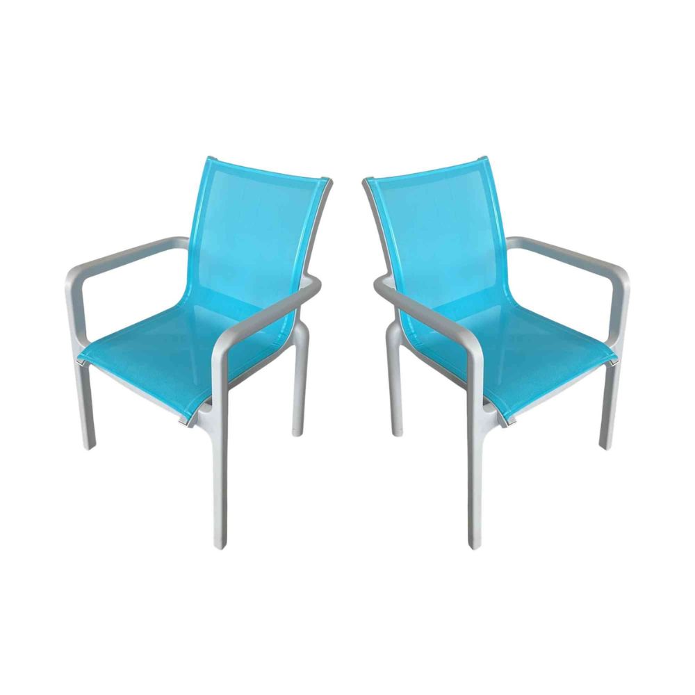 Two blue chairs with silver frames on a white background