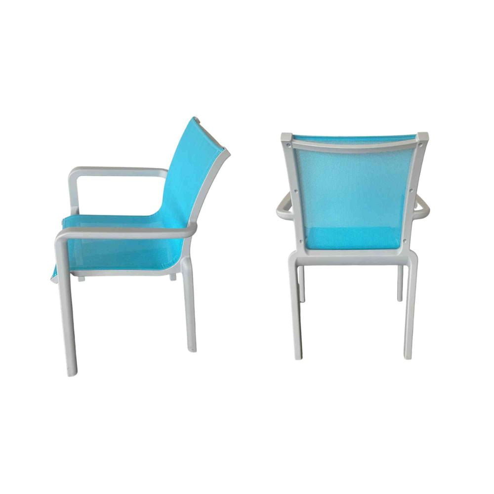 Two blue chairs with white frames on a white background