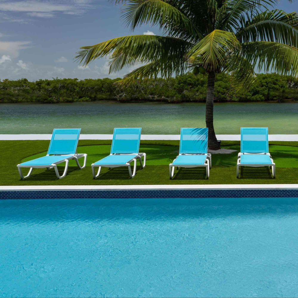 Four blue lounge chairs by a pool with a palm tree and water in the background