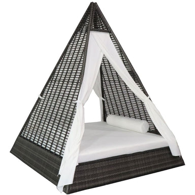 Pyramid-shaped wicker chair with white cushion on a white background