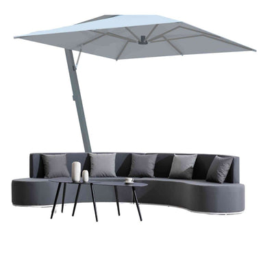 Modern outdoor sofa with a large umbrella on a white background