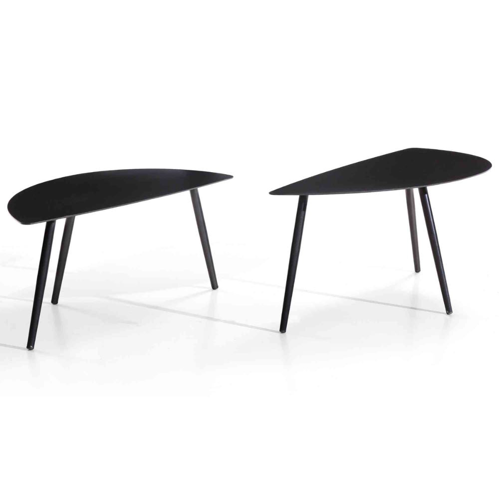 Two black side tables on a white background