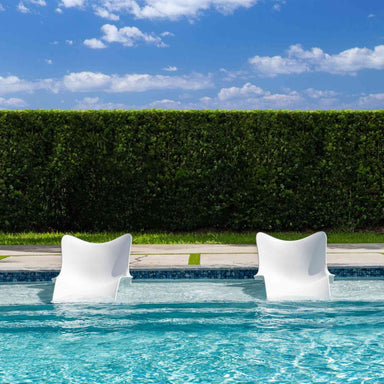Two white chairs in a pool with a hedge and blue sky in the background
