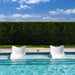 Two white chairs in a pool with a hedge and blue sky in the background