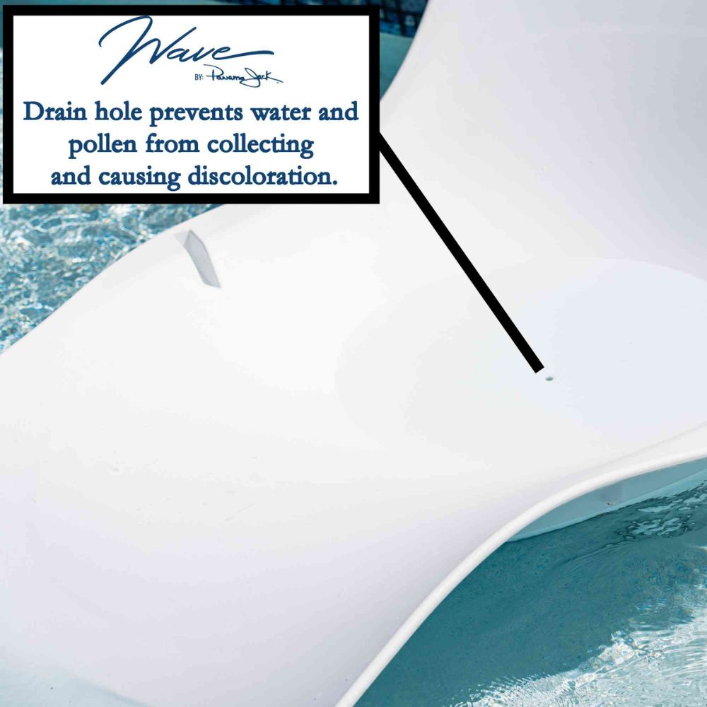 Close-up of a pool cover with a drain hole labeled, showing water and text about preventing discoloration.