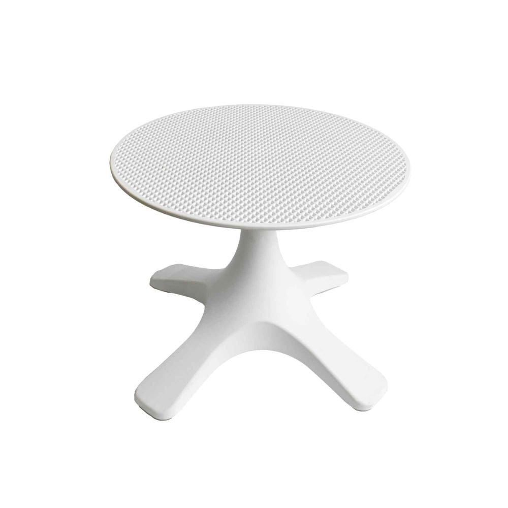 White round stool with textured top on a white background