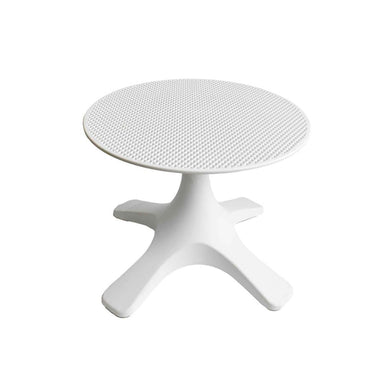 White round stool with textured top on a white background
