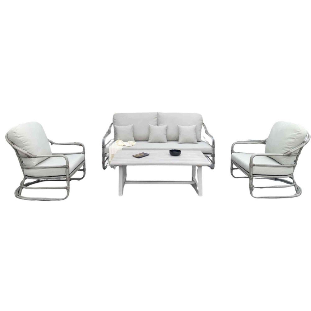 Outdoor furniture set with a sofa, two chairs, and a coffee table on a white background