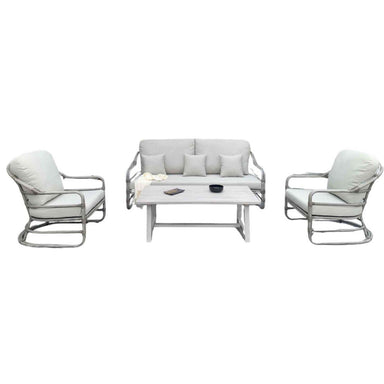 Outdoor furniture set with a sofa, two chairs, and a coffee table on a white background
