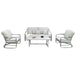 Outdoor furniture set with a sofa, two chairs, and a coffee table on a white background