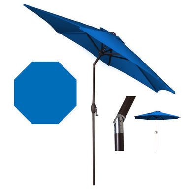 Blue patio umbrella with stand and parts on a white background