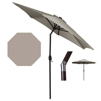 Beige patio umbrella with a black crank handle on a white background