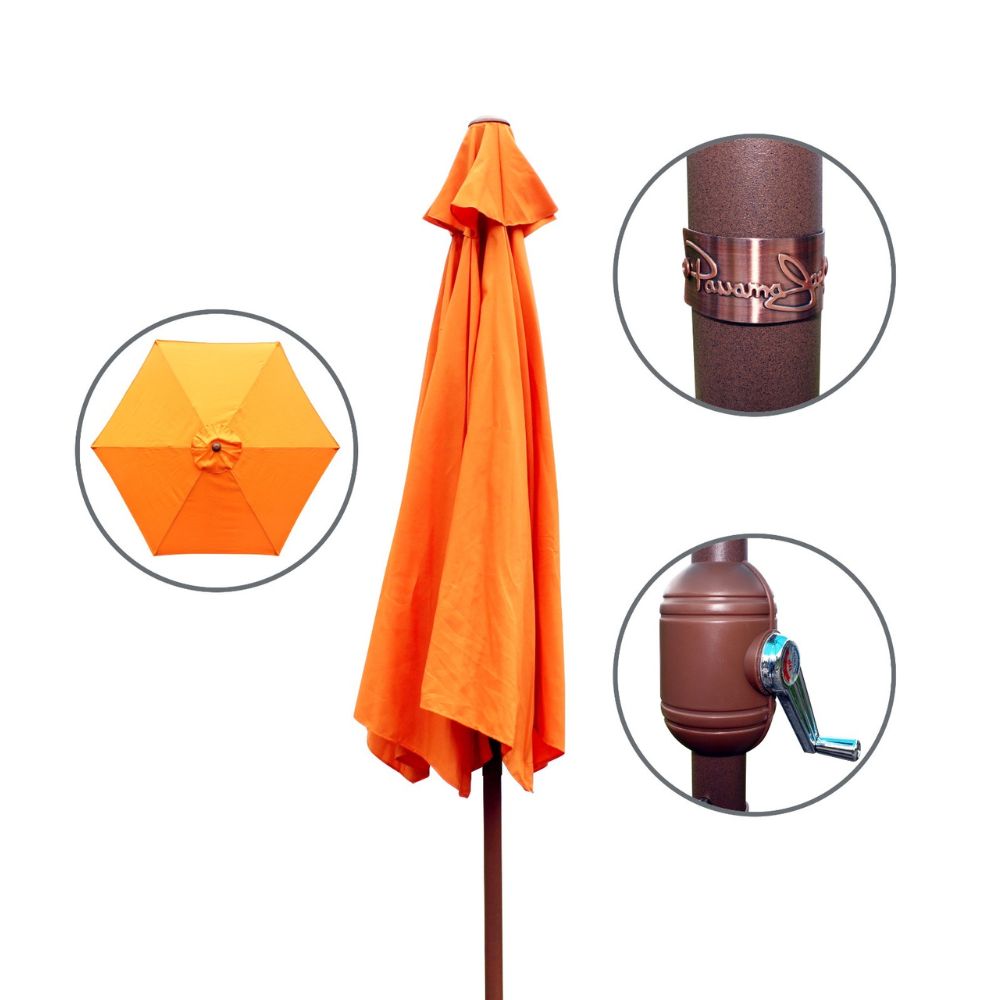 Orange patio umbrella with close-up insets of handle and fabric texture on a white background