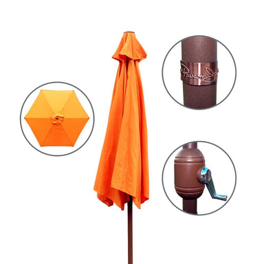 Orange patio umbrella with close-up insets of handle and fabric texture on a white background