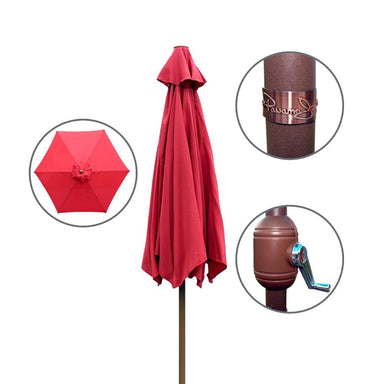 Red patio umbrella with close-up insets of the canopy, handle, and base on a white background.