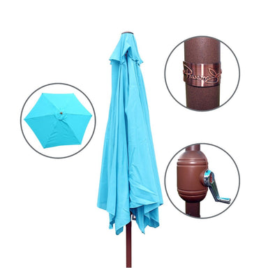 Blue patio umbrella with brown stand on a white background
