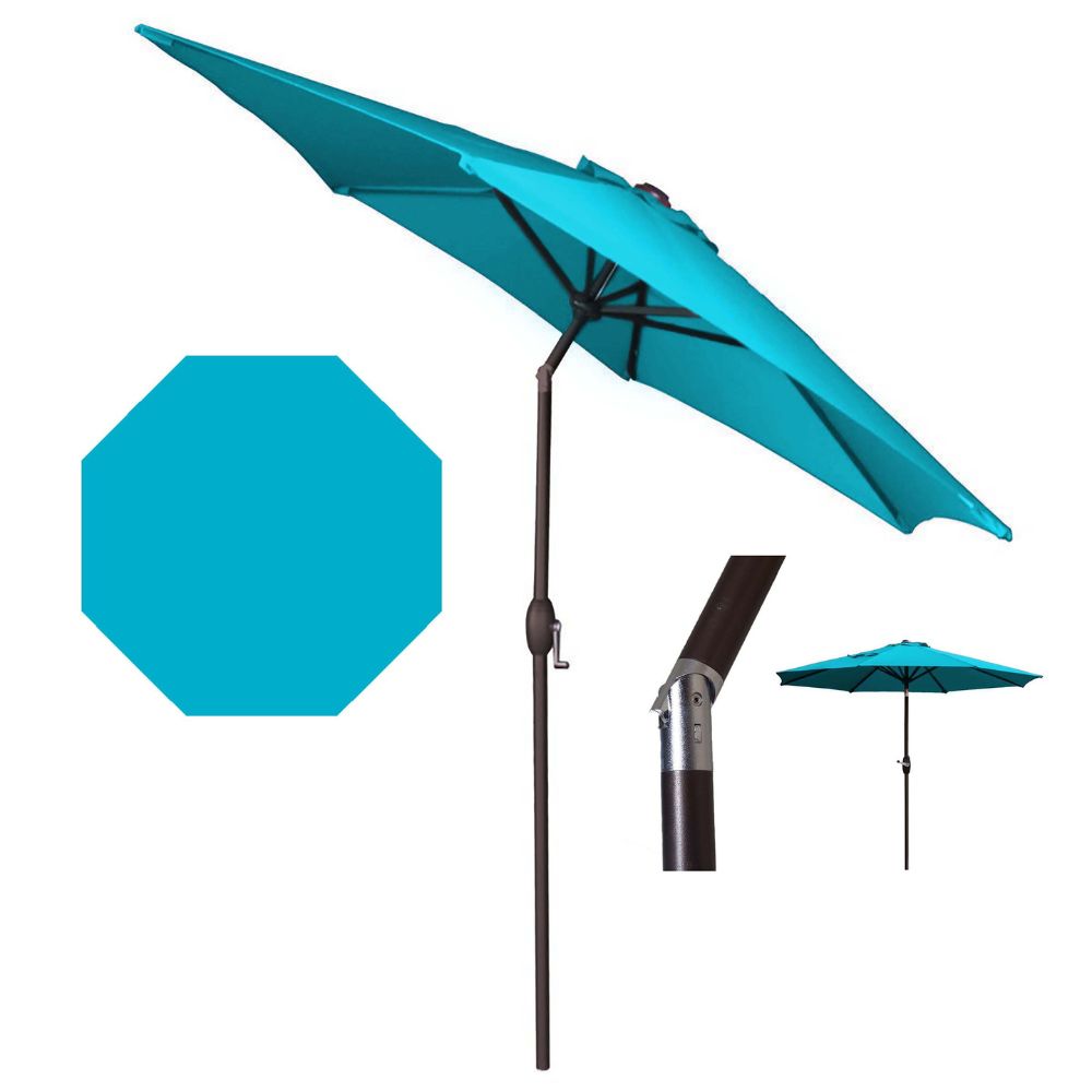 Turquoise patio umbrella with stand and parts on a white background