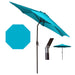 Turquoise patio umbrella with stand and parts on a white background