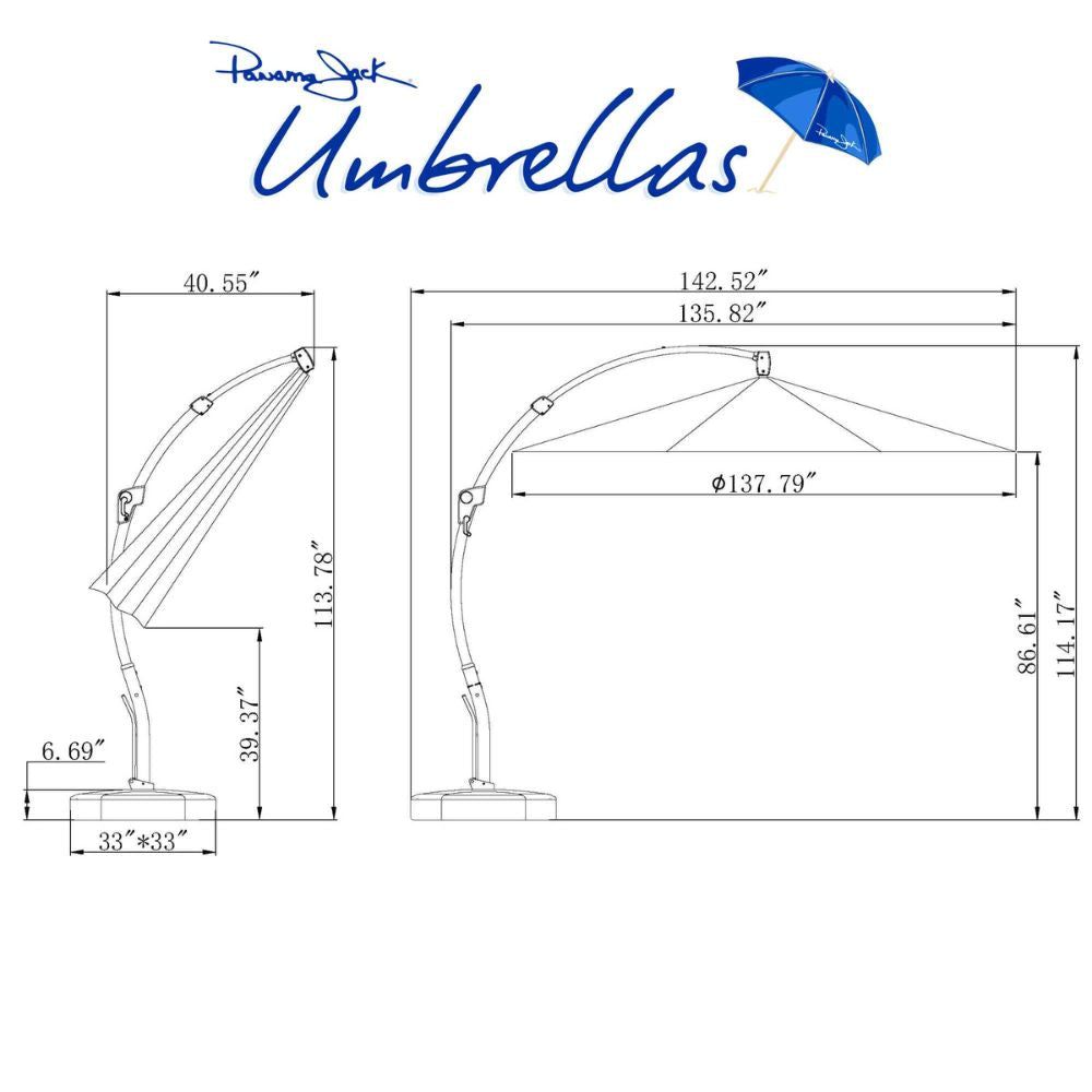 Technical drawing of an umbrella with dimensions labeled, featuring the brand 'Pavone Jack Umbrellas'.