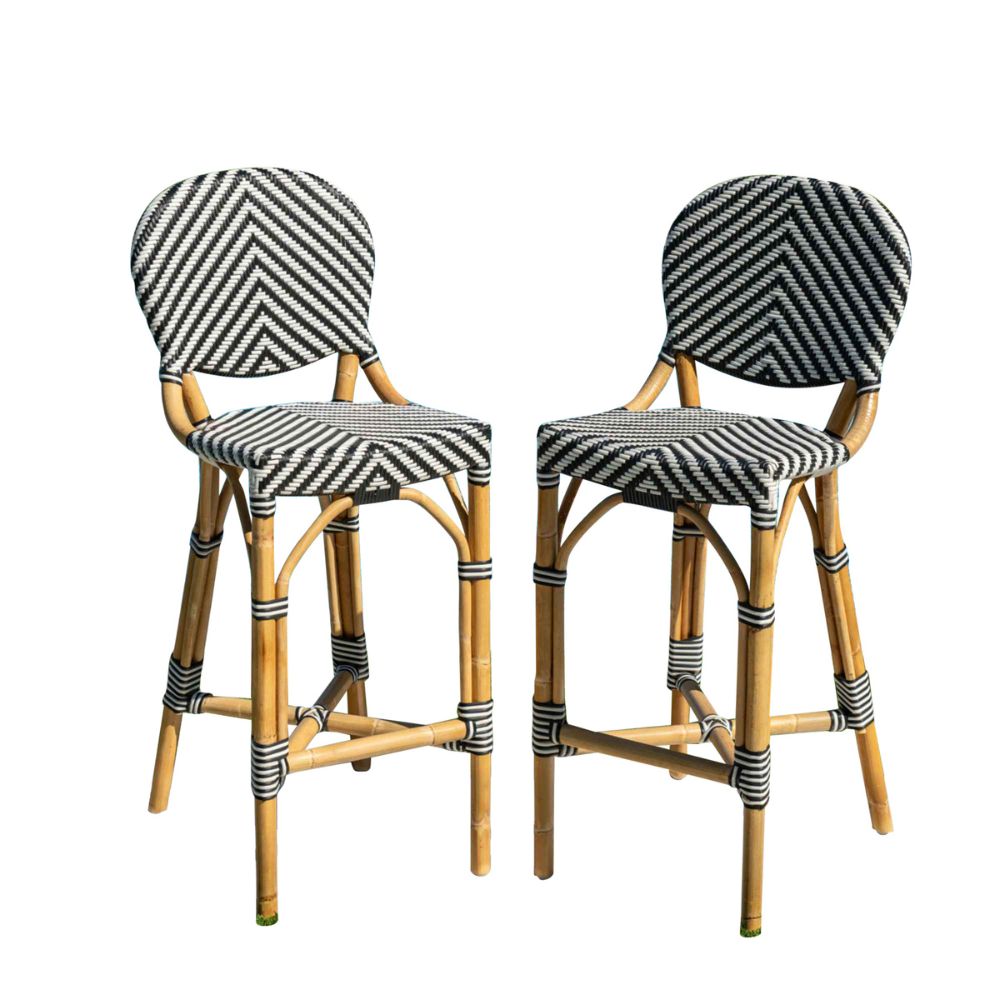 Two bar stools with black and white striped seats and backs on a white background