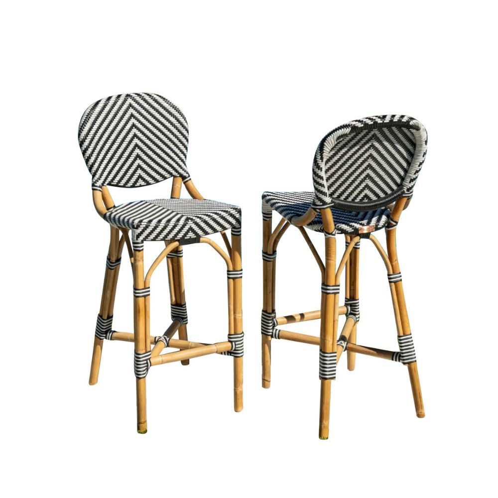 Two bar stools with black and white striped seats and backs on a white background