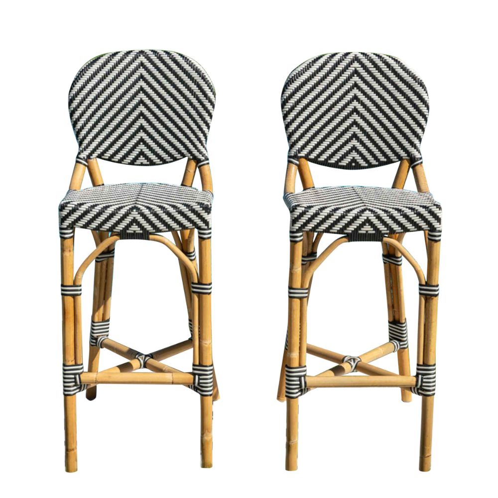 Two bar stools with striped backrests and seats on a white background