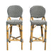 Two bar stools with striped backrests and seats on a white background