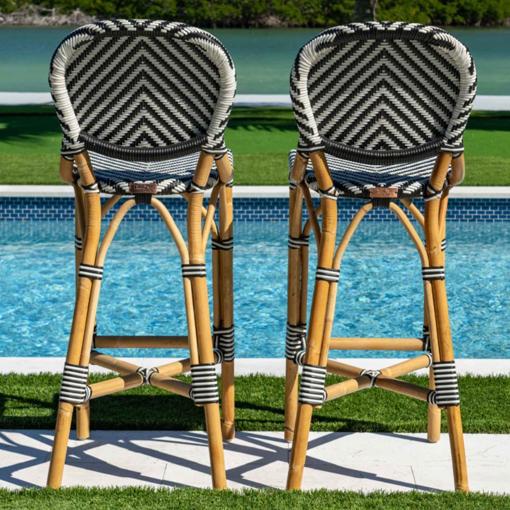 Two bar stools with chevron-patterned seats by a poolside.